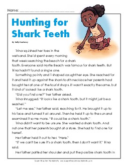 Shark Teeth (Fiction) 3rd Grade Reading Comprehension Worksheet