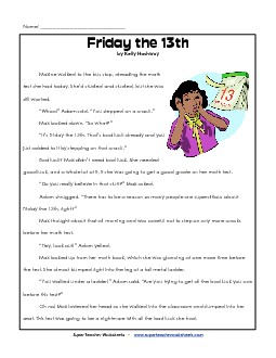 Friday the 13th (Fiction) 3rd Grade Reading Comprehension Worksheet