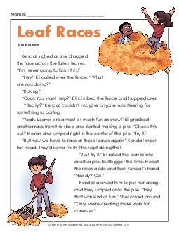 Leaf Races (Fiction) 3rd Grade Reading Comprehension Worksheet