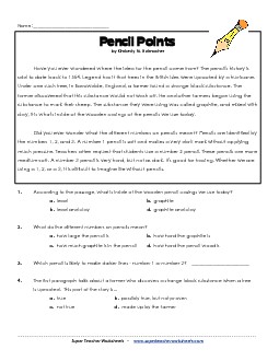 Pencils (Short, Nonfiction) 3rd Grade Reading Comprehension Worksheet