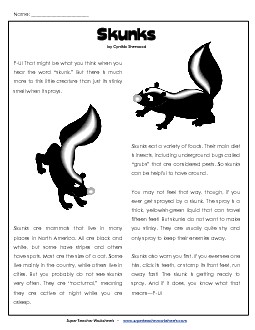 Skunks Reading Comprehension Worksheet