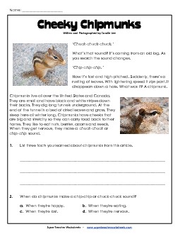 Cheeky Chipmunks (Short, Nonfiction) 3rd Grade Reading Comprehension Worksheet