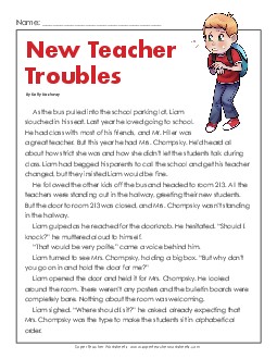 New Teacher Trouble (Fiction) 3rd Grade Reading Comprehension Worksheet