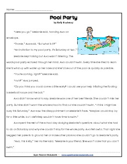 Pool Party (Fiction) 3rd Grade Reading Comprehension Worksheet