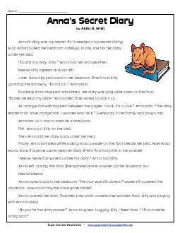 Anna's Diary (Fiction) 3rd Grade Reading Comprehension Worksheet