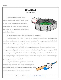 Foul Ball (Fiction) 3rd Grade Reading Comprehension Worksheet