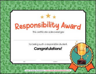 Responsibility Award Free Awards Worksheet