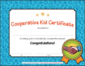 Cooperative Kid Certificate Free Awards Worksheet