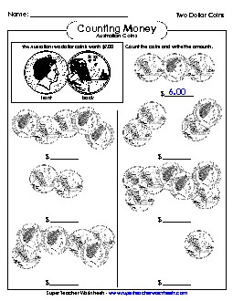 Counting Two Dollar Coins Money Australian Worksheet