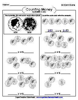 Counting Fifty Cent Coins Money Australian Worksheet