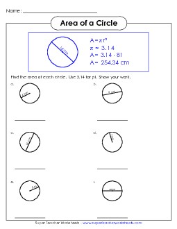 Area of a Circle  3 (Intermediate) Geometry Worksheet