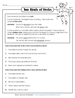 Two Kinds of Verbs  (Basic) Actionverbs Worksheet