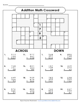 Addition Crossword (Three Addends) Worksheet