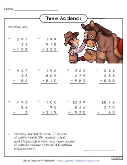 3-Digit Numbers, 3 Addends Addition Worksheet