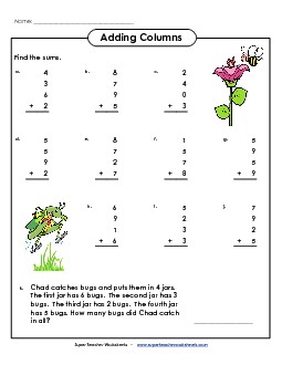 Single-Digit Numbers, 4 Addends Addition Worksheet