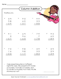 2-Digit Numbers, 3 Addends Addition Worksheet