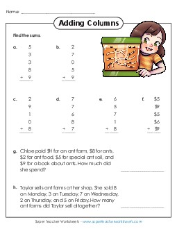 Single-Digit Numbers, 5 Addends Addition Worksheet