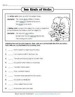 Two Kinds of Verbs #2 Actionverbs Worksheet