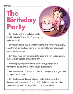 Jennifer's Birthday Party Reading Comprehension Worksheet