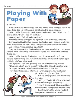 Playing With Paper 2nd Grade Reading Comprehension Worksheet