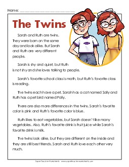 The Twins 2nd Grade Reading Comprehension Worksheet