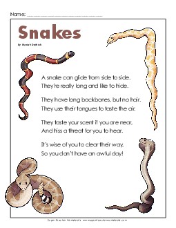 Snakes (Poem) 2nd Grade Reading Comprehension Worksheet