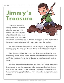 Jimmy's Treasure 2nd Grade Reading Comprehension Worksheet