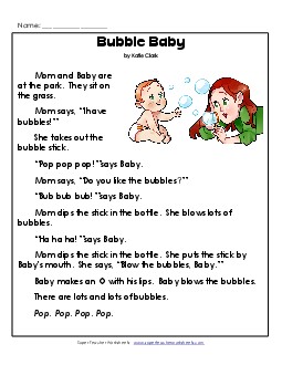 Bubble Baby 1st Grade Reading Comprehension Worksheet