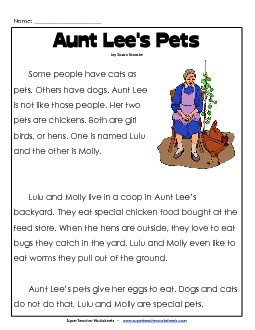 Aunt Lee\'s Pets 1st Grade Reading Comprehension Worksheet