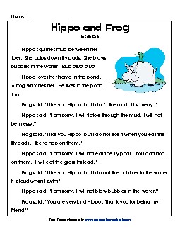 Hippo and Frog 1st Grade Reading Comprehension Worksheet