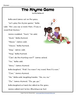 Rhyme Game Free 1st Grade Reading Comprehension Worksheet