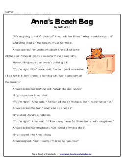 Anna's Beach Bag 2nd Grade Reading Comprehension Worksheet