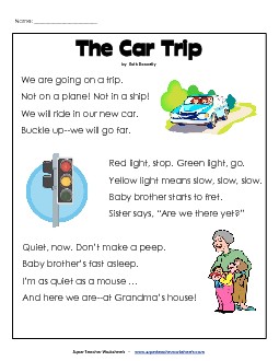 Car Trip (Poem) 1st Grade Reading Comprehension Worksheet