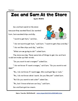 Zac and Sam 1st Grade Reading Comprehension Worksheet