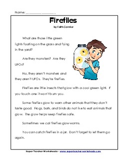 Fireflies 1st Grade Reading Comprehension Worksheet