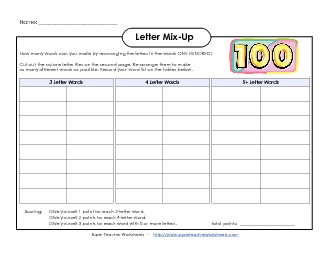 Hundred Days Letter Mix (Intermediate) 100th Day Worksheet