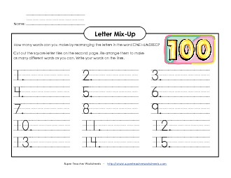 Hundred Days Letter Mix (Primary) 100th Day Worksheet