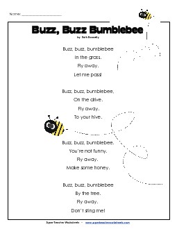 Buzz, Buzz, Bumblebee (Poem) Free Reading Comprehension Worksheet