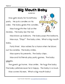 Big Mouth Baby 1st Grade Reading Comprehension Worksheet