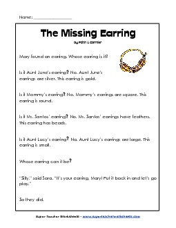 Missing Earring 1st Grade Reading Comprehension Worksheet