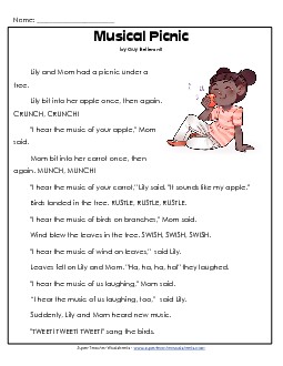 Musical Picnic 1st Grade Reading Comprehension Worksheet