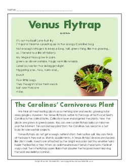 Article & Poem: Venus Flytraps Reading Comprehension Worksheet