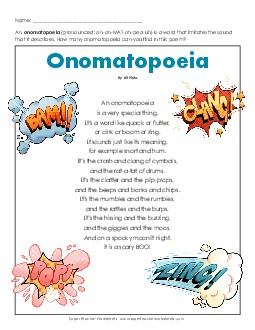 Onomatopoeia 4th Grade Reading Comprehension Worksheet