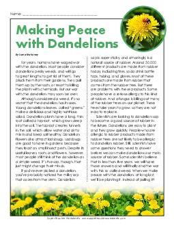 Making Peace with Dandelions (Article) 4th Grade Reading Comprehension Worksheet