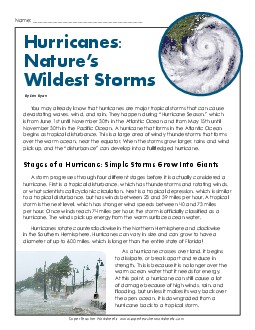 Hurricanes: Nature\'s Wildest Storms 5th Grade Reading Comprehension Worksheet