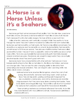 Seahorses Reading Comprehension Worksheet