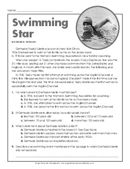 Gertrude Ederle 4th Grade Reading Comprehension Worksheet