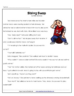 Sibling Swap (Fiction) 4th Grade Reading Comprehension Worksheet