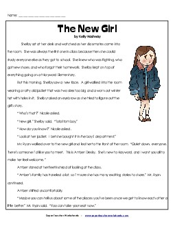 New Girl (Fiction) 4th Grade Reading Comprehension Worksheet