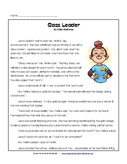 Class Leader (Fiction) 4th Grade Reading Comprehension Worksheet